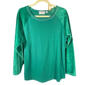 Quacker Factory Top Large Long Slv Kelly Green Embellished Velour Mature Stretch